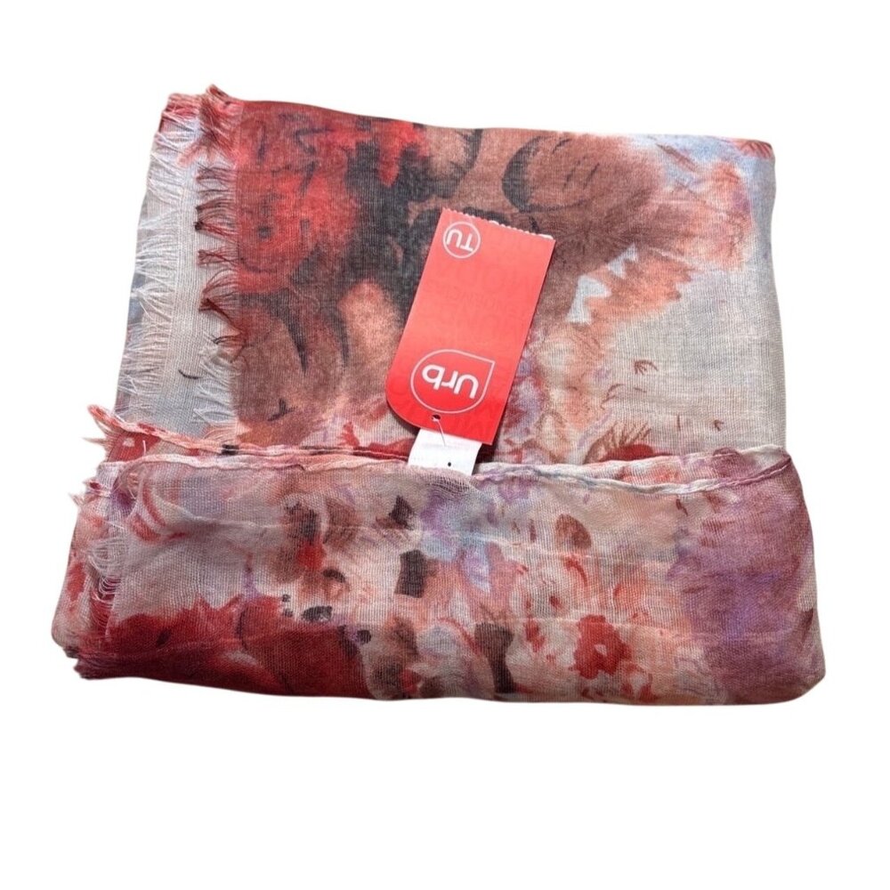 Urb Scarf Sheer Floral Patterned Red & Pink Lightweight Fabric 20 X 64"